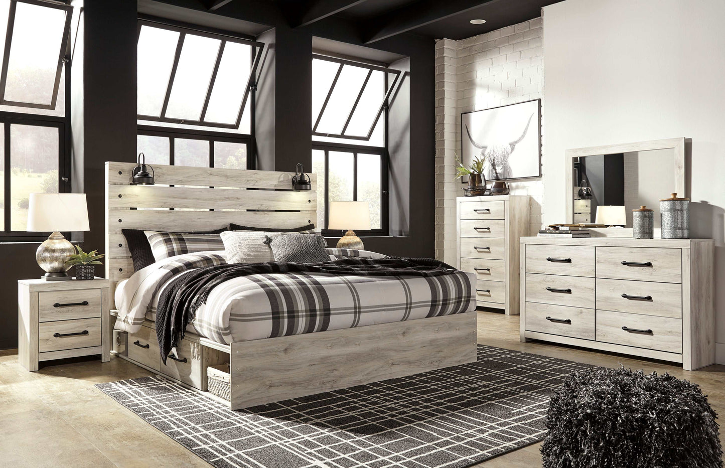 Cambeck Whitewash King Panel Bedroom Set w/ 2 Storage Drawers