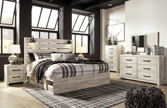 Cambeck Whitewash King Panel Bedroom Set with Storage, Dresser, Mirror, Chest and 2 Nightstands