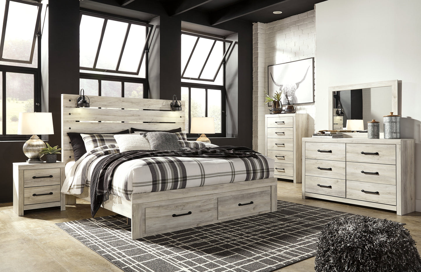 Cambeck Whitewash King Panel Storage Bedroom Set with Dresser, Mirror, Chest and 2 Nightstands