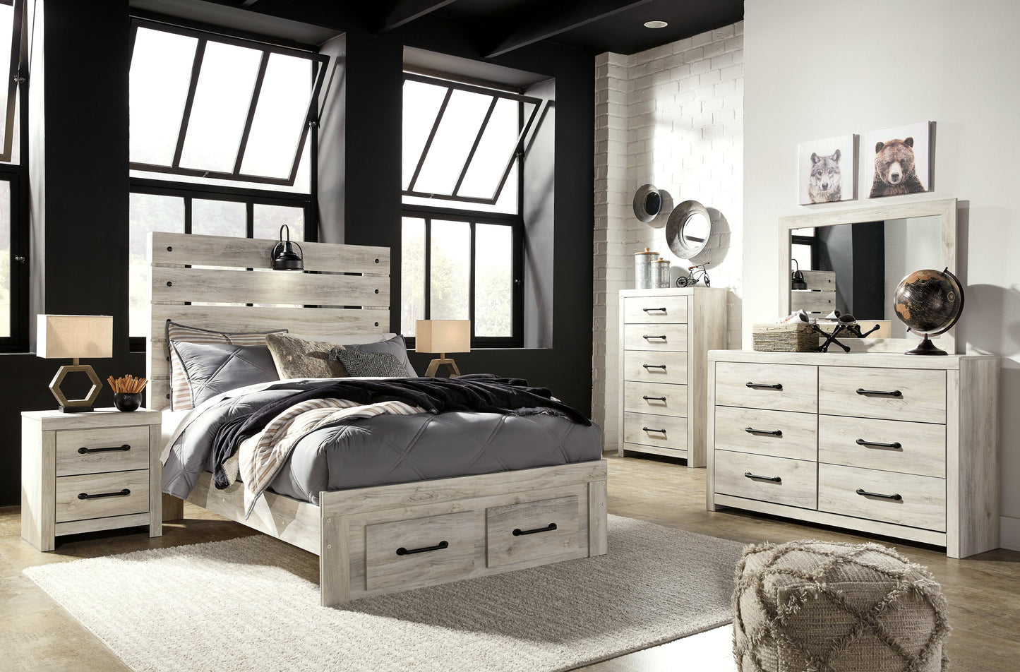 Cambeck Whitewash Full Panel Bed with 2 Storage Drawers