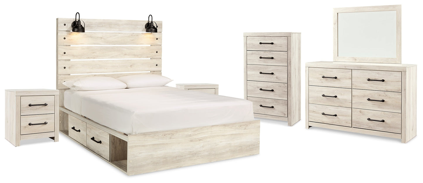 Cambeck Whitewash Queen Panel Bedroom Set with Storage, Dresser, Mirror and 2 Nightstands