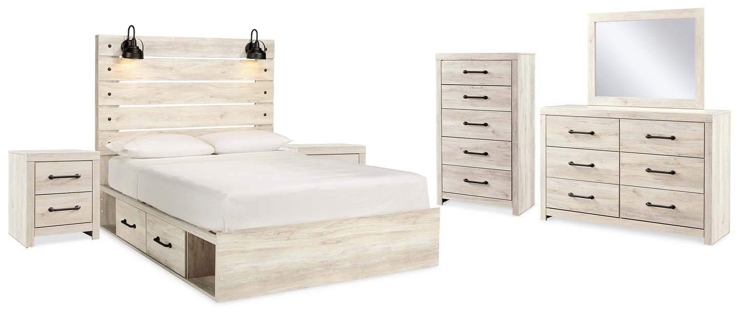 Cambeck Whitewash Queen Panel Storage Bedroom Set with Dresser, Mirror, 2 Chests and 2 Nightstands