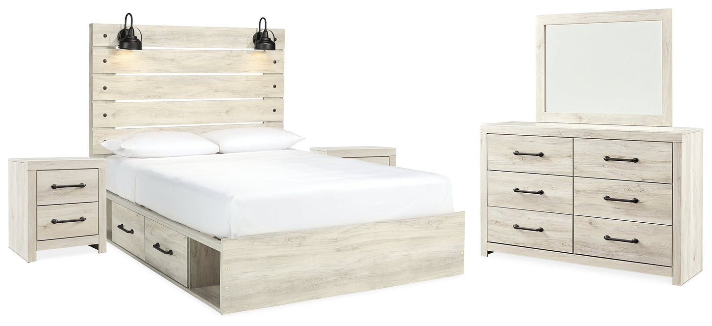 Cambeck Whitewash Queen Panel Bedroom Set with Storage, Dresser, Mirror and 2 Nightstands