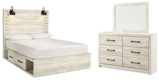 Cambeck Whitewash Queen Panel Bedroom Set with Storage, Dresser and Mirror