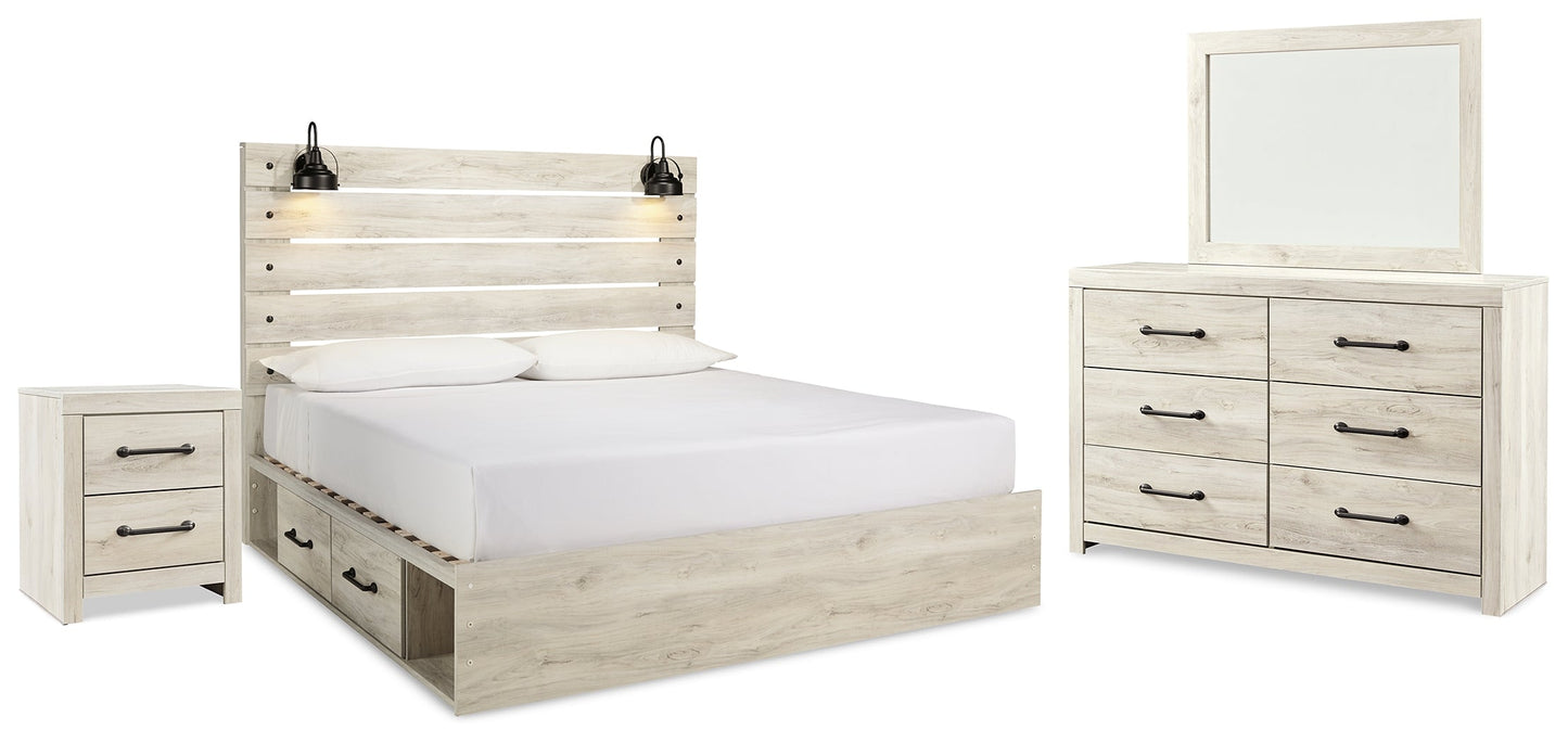 Cambeck Whitewash King Panel Bedroom Set with Storage, Dresser, Mirror and Nightstand