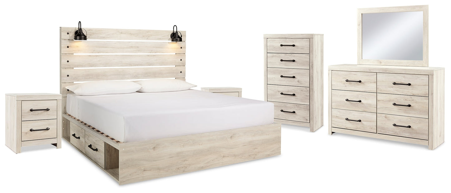 Cambeck Whitewash King Panel Bedroom Set with Storage, Dresser, Mirror, Chest and 2 Nightstands