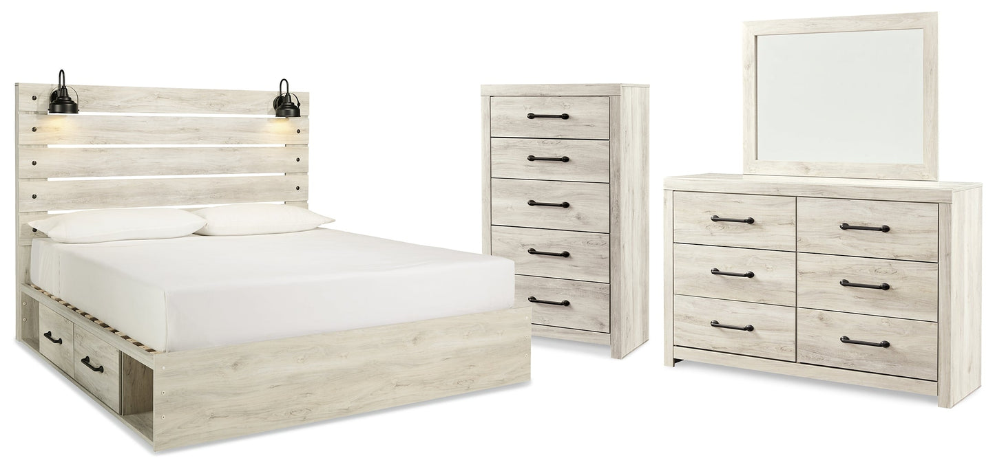 Cambeck Whitewash King Panel Bedroom Set with Storage, Dresser, Mirror and Chest