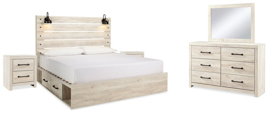 Cambeck Whitewash King Panel Bedroom Set with 2 Side Storage, Dresser, Mirror, and Nightstand