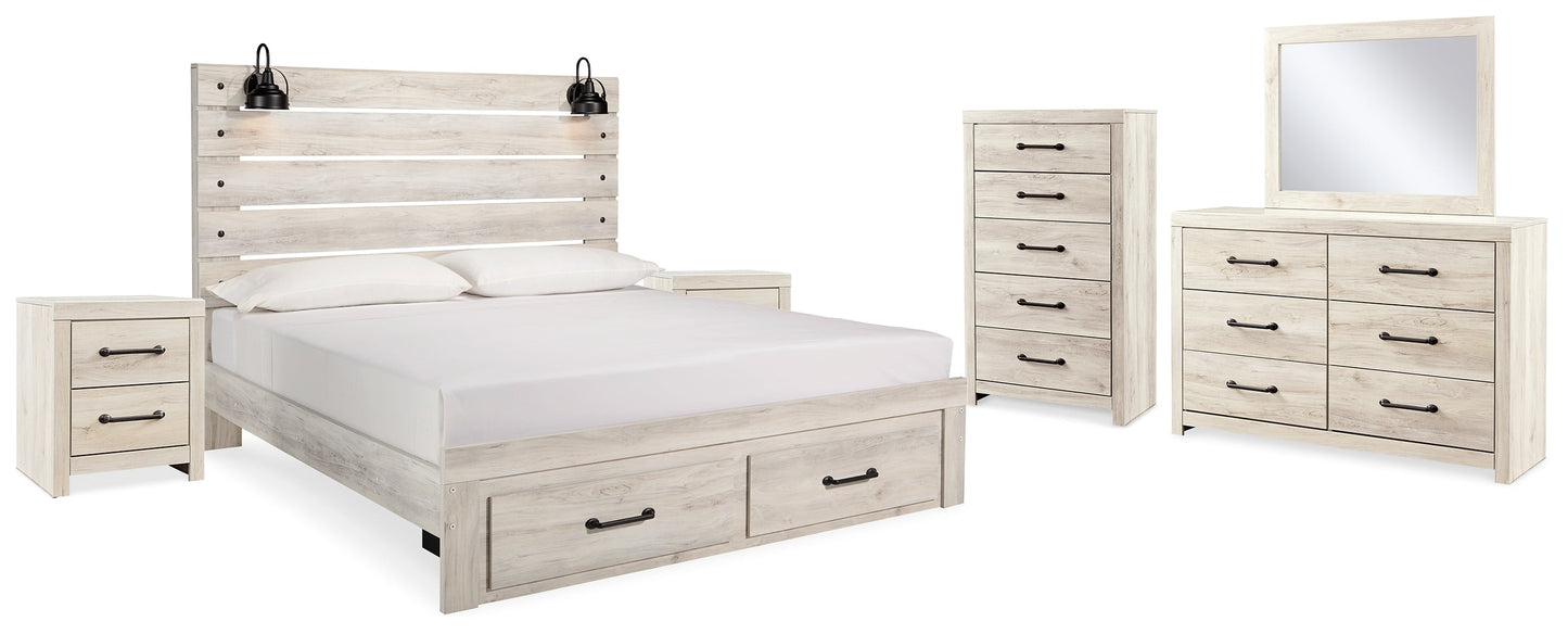 Cambeck Whitewash King Panel Storage Bedroom Set with Dresser, Mirror, Chest and 2 Nightstands