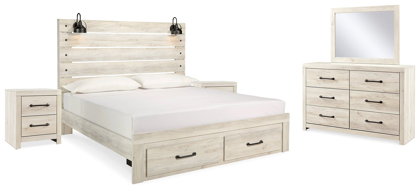 Cambeck Whitewash King Storage Bedroom Set with Dresser, Mirror and 2 Nightstands