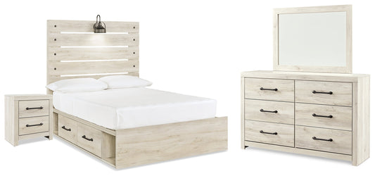 Cambeck Whitewash Full Panel Storage Bedroom Set with Dresser, Mirror and Nightstand