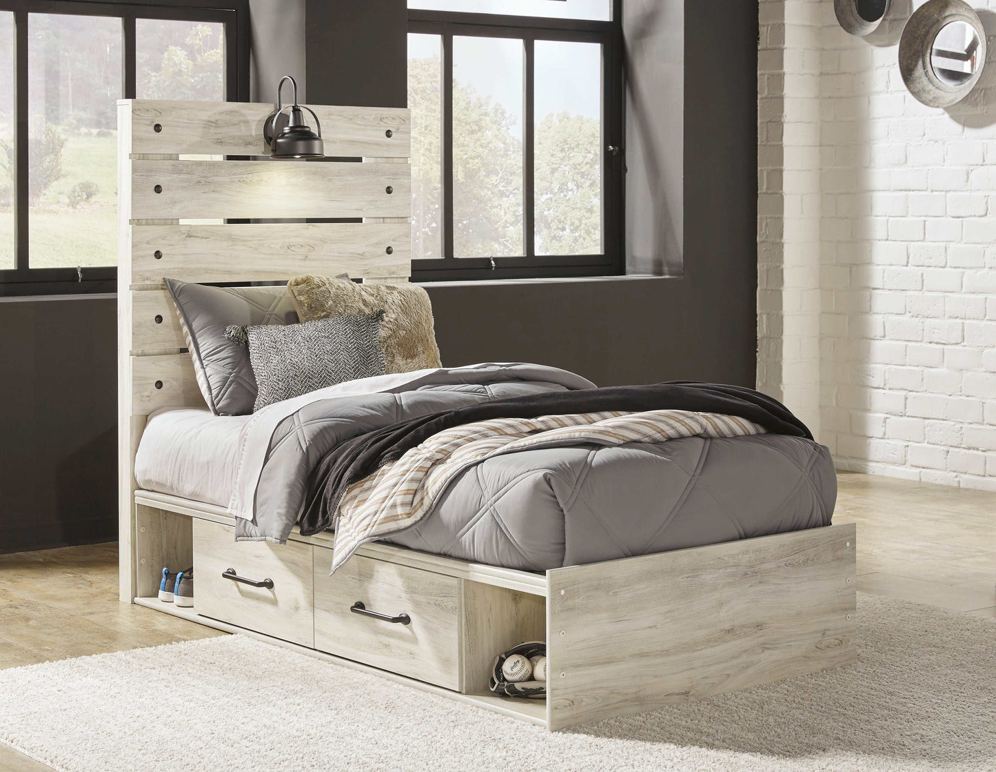 Cambeck Whitewash Twin Panel Bedroom Set w/ 2 Storage Drawers