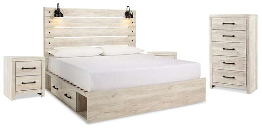 Cambeck Whitewash King Panel Bedroom Set with Storage, Chest and 2 Nightstands