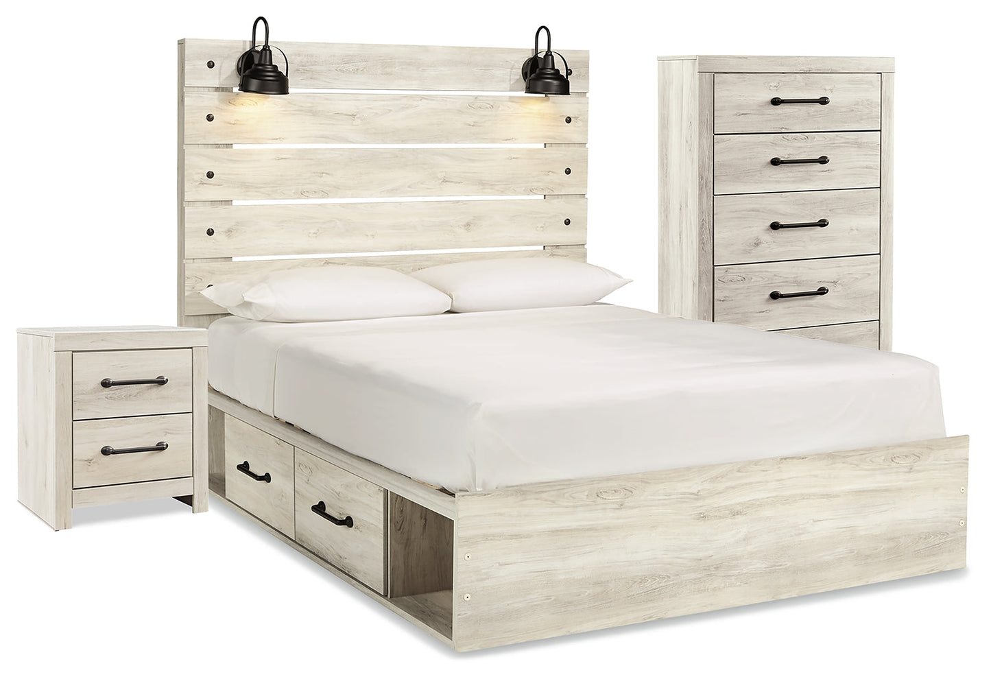 Cambeck Whitewash Queen Panel Bedroom Set with Storage, Chest and Nightstand