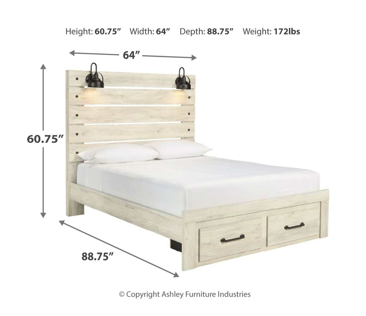Cambeck Whitewash Queen Panel Bed w/ 2 FB Storage Drawers