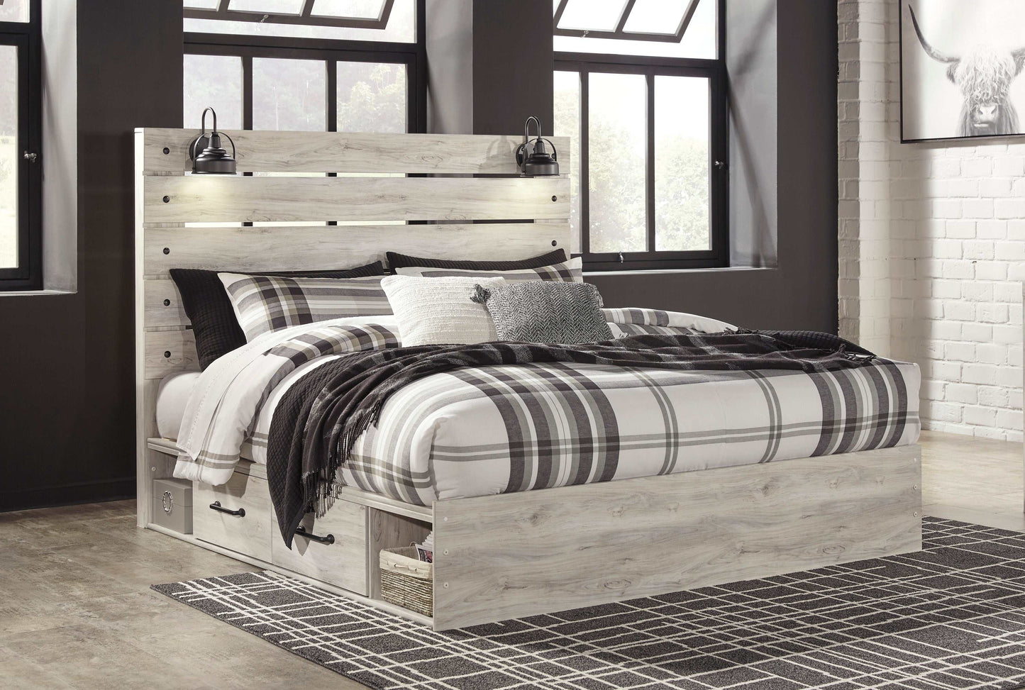 Cambeck Whitewash King Panel Bed w/ 2 Storage Drawers