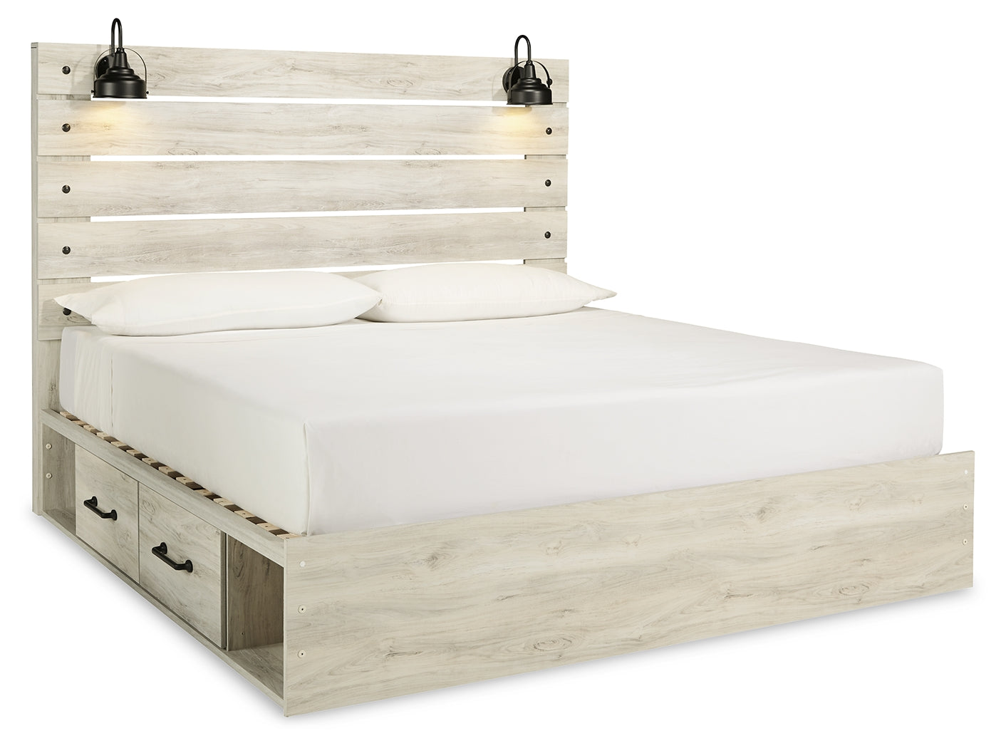 Cambeck Whitewash King Panel Bedroom Set with 2 Side Storage, Dresser, Mirror, and Nightstand