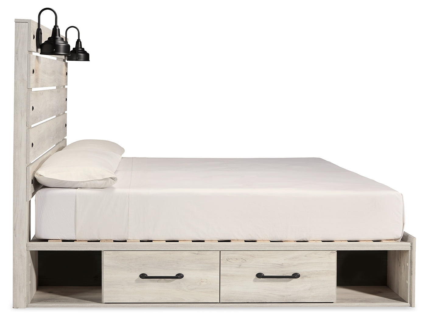 Cambeck Whitewash King Panel Bedroom Set with 2 Side Storage, Dresser, Mirror, and Nightstand