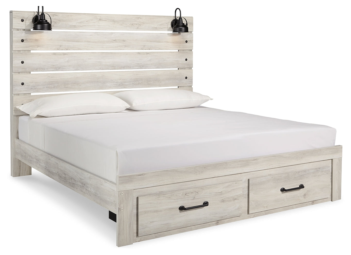 Cambeck Whitewash King Panel Bed with 2 Storage Drawers