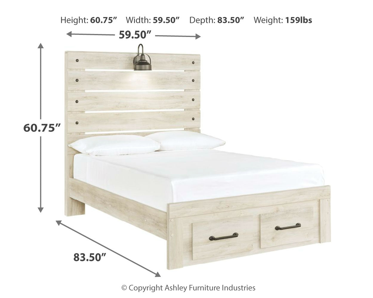 Cambeck Whitewash Full Panel Bed with 2 Storage Drawers