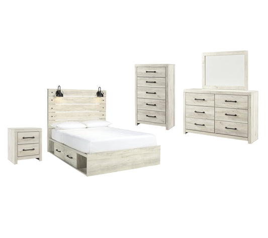 Cambeck Whitewash Queen Panel Bedroom Set with Storage, Dresser, Mirror, Chest and Nightstand