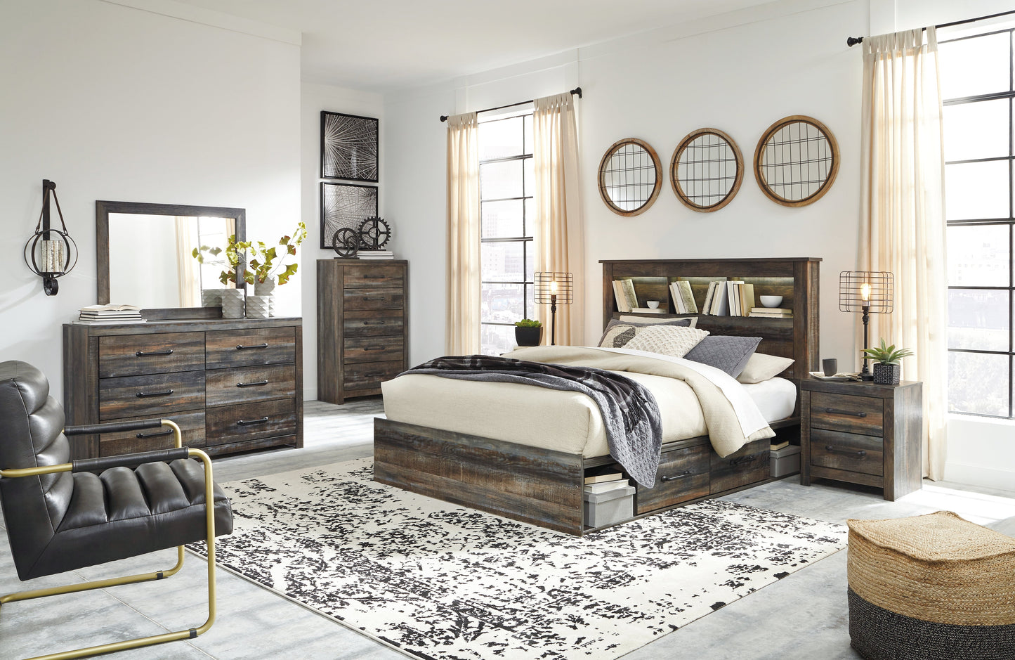 Drystan Queen Bookcase Storage Bedroom Set with Dresser, Mirror and 2 Nightstands