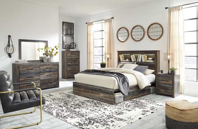 Drystan Multi Tone Queen Bed w/ 2 Storage Drawers & Bookcase HB