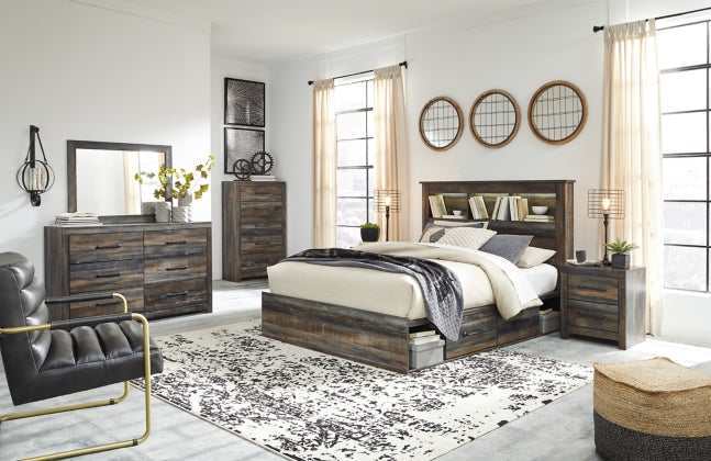 Drystan Multi Tone Queen Bed w/ 4 Storage Drawers & Bookcase HB