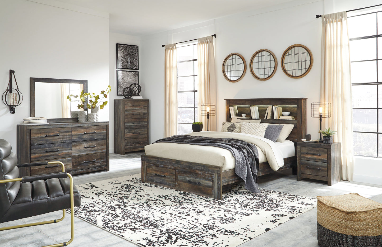 Drystan Multi Queen Bookcase Storage Bedroom Set with Dresser, Mirror, Chest and 2 Nightstands