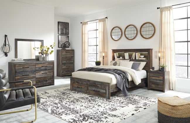 Drystan Multi Tone Queen Panel Bed w/ FB Storage & Bookcase HB