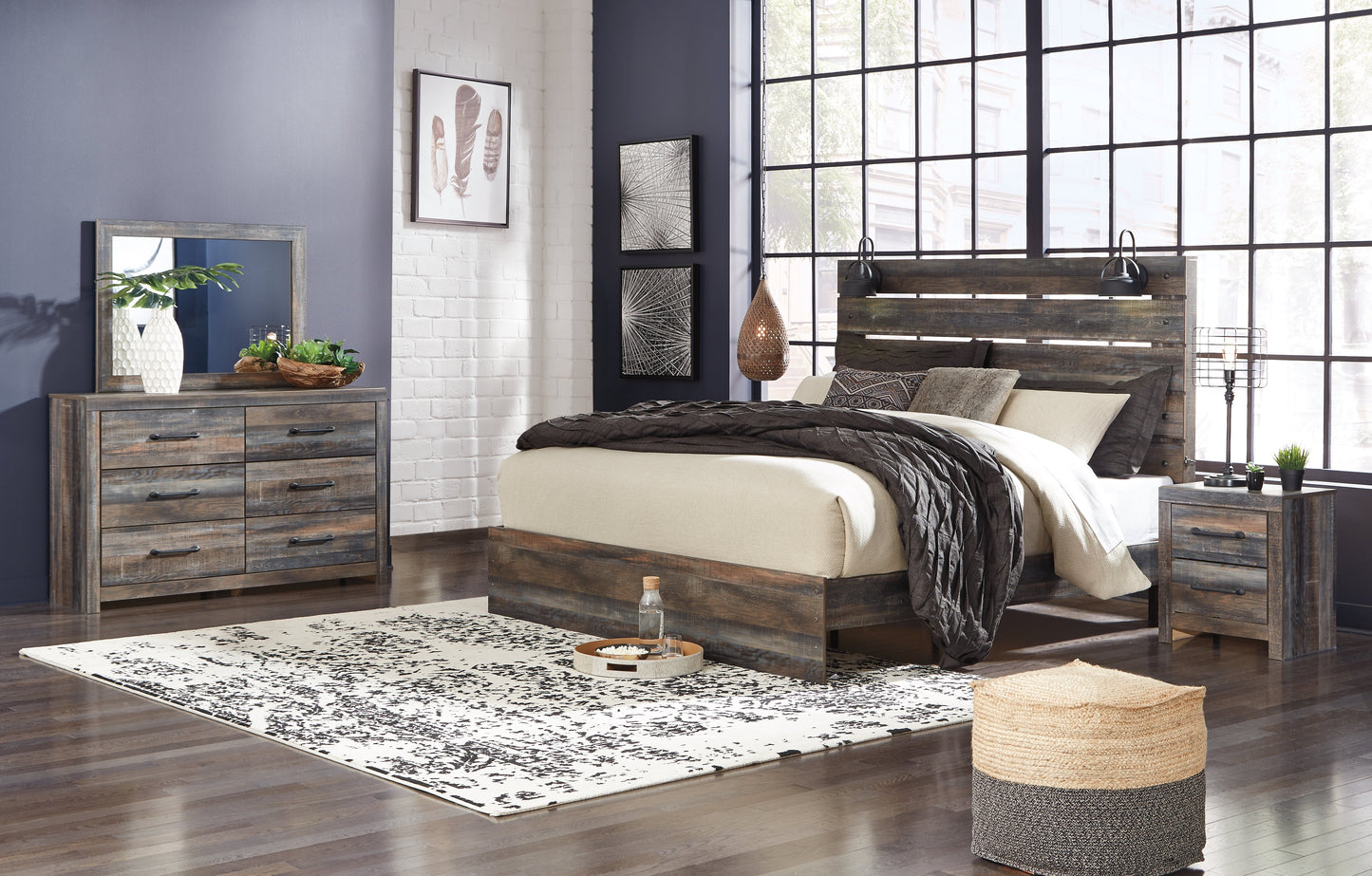 Drystan Multi King Panel Bedroom Set with Dresser, Mirror, and Nightstand