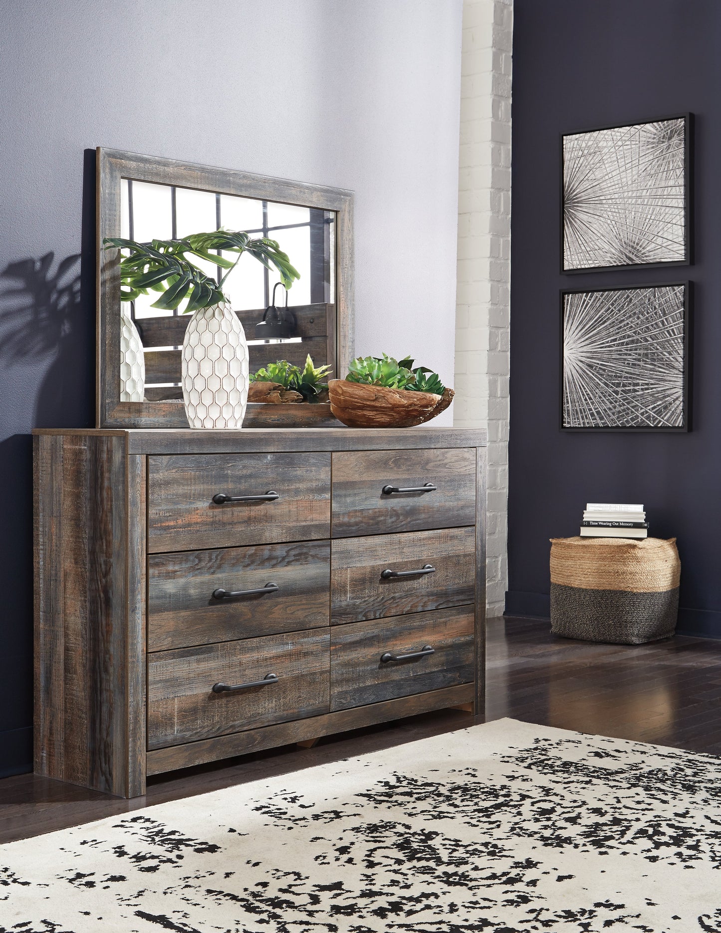 Drystan Multi King Panel Headboard with Metal Frame, Dresser, Mirror, and Nightstand