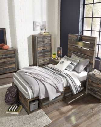 Drystan Multi Tone Twin Panel Bed w/ 2 Storage Drawers