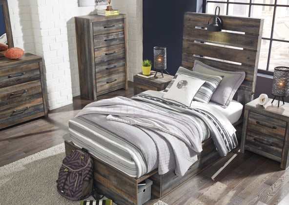 Drystan Multi Tone Twin Panel Bed w/ 4 Storage Drawers