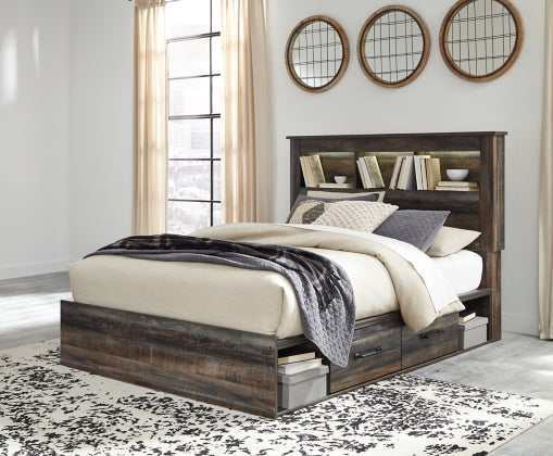 Drystan Multi Tone Queen Bed w/ 4 Storage Drawers & Bookcase HB