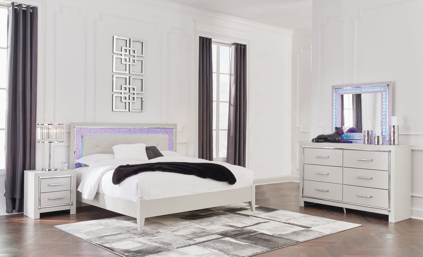 Zyniden King Upholstered Panel Bedroom Set with Dresser and Mirror