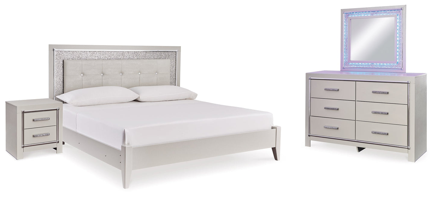 Zyniden Silver King Upholstered Panel Bedroom Set with Dresser, Mirror and Nightstand