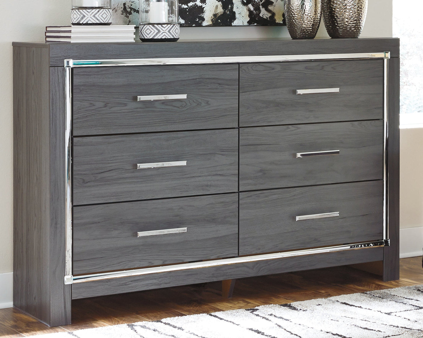 Lodanna Gray King Upholstered Panel Bedroom Set with Dresser and Nightstand