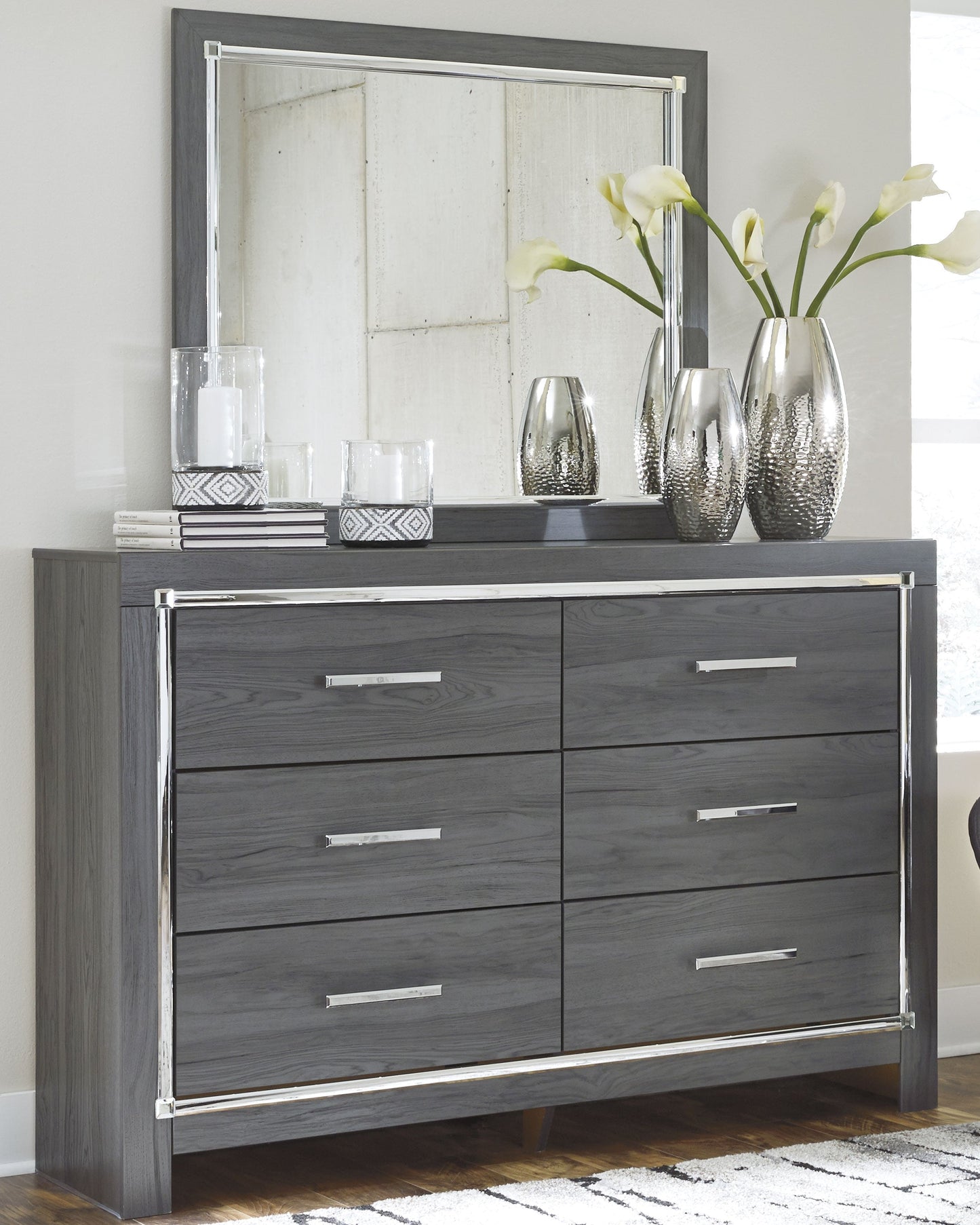 Lodanna Gray King Upholstered Panel Headboard, Dresser, Mirror, and Nightstand