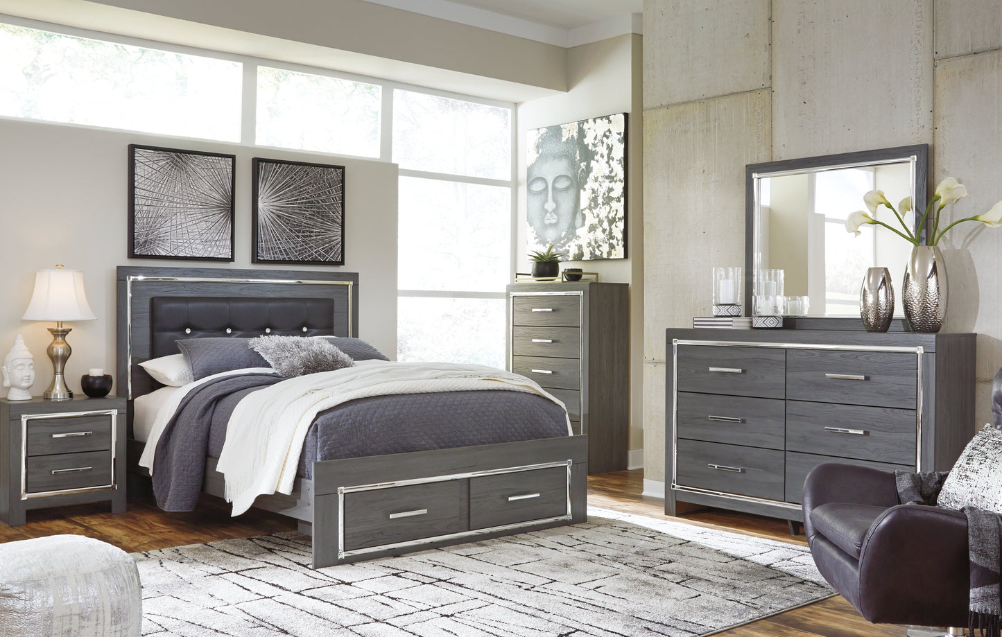 Lodanna Gray Queen Panel Storage Bedroom Set with Dresser, Mirror, Chest and Nightstand