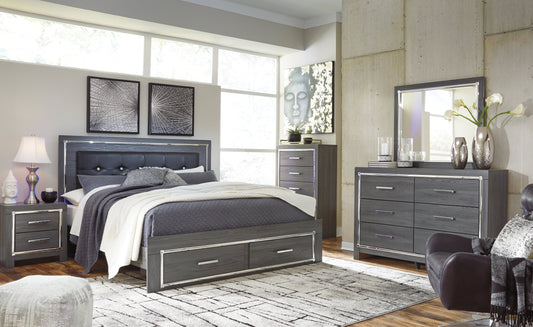 Lodanna Gray King Upholstered Storage Bedroom Set with Dresser, Mirror, Chest and 2 Nightstands