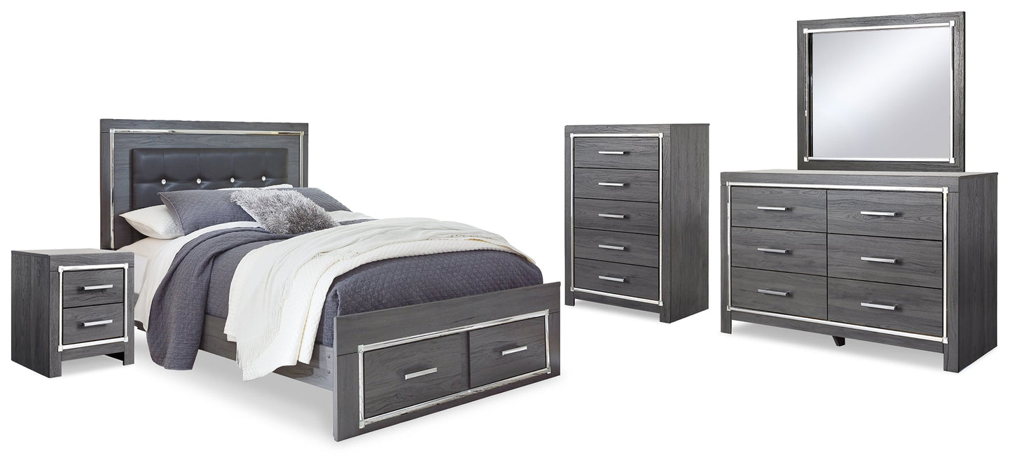 Lodanna Gray Queen Panel Storage Bedroom Set with Dresser, Mirror, Chest and Nightstand