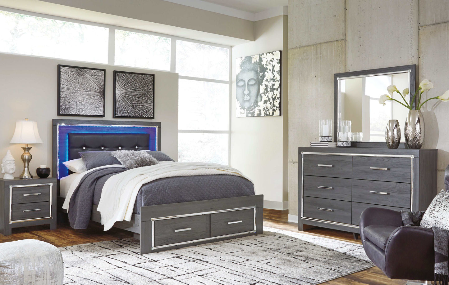 Lodanna Gray Queen Panel Bed w/ LED & 2 Storage Drawers