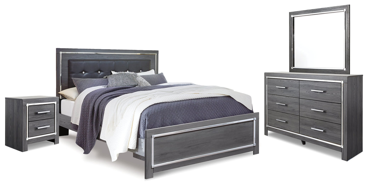 Lodanna Gray King Upholstered Panel Bedroom Set with Dresser, Mirror and Nightstand