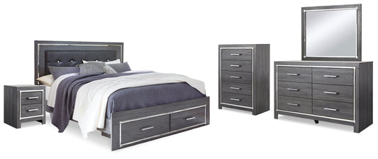 Lodanna Gray King Upholstered Storage Bedroom Set with Dresser, Mirror, Chest and Nightstand