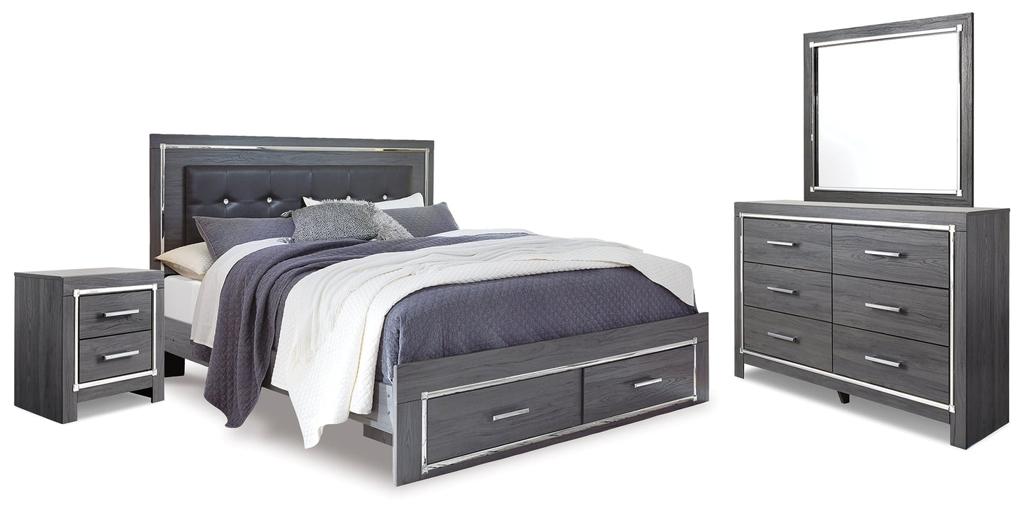 Lodanna Gray King Panel Storage Bedroom Set with Mirrored Dresser and Nightstand