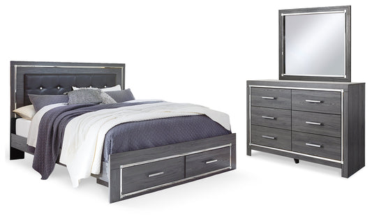 Lodanna Gray King Upholstered Storage Bedroom Set with Dresser and Mirror