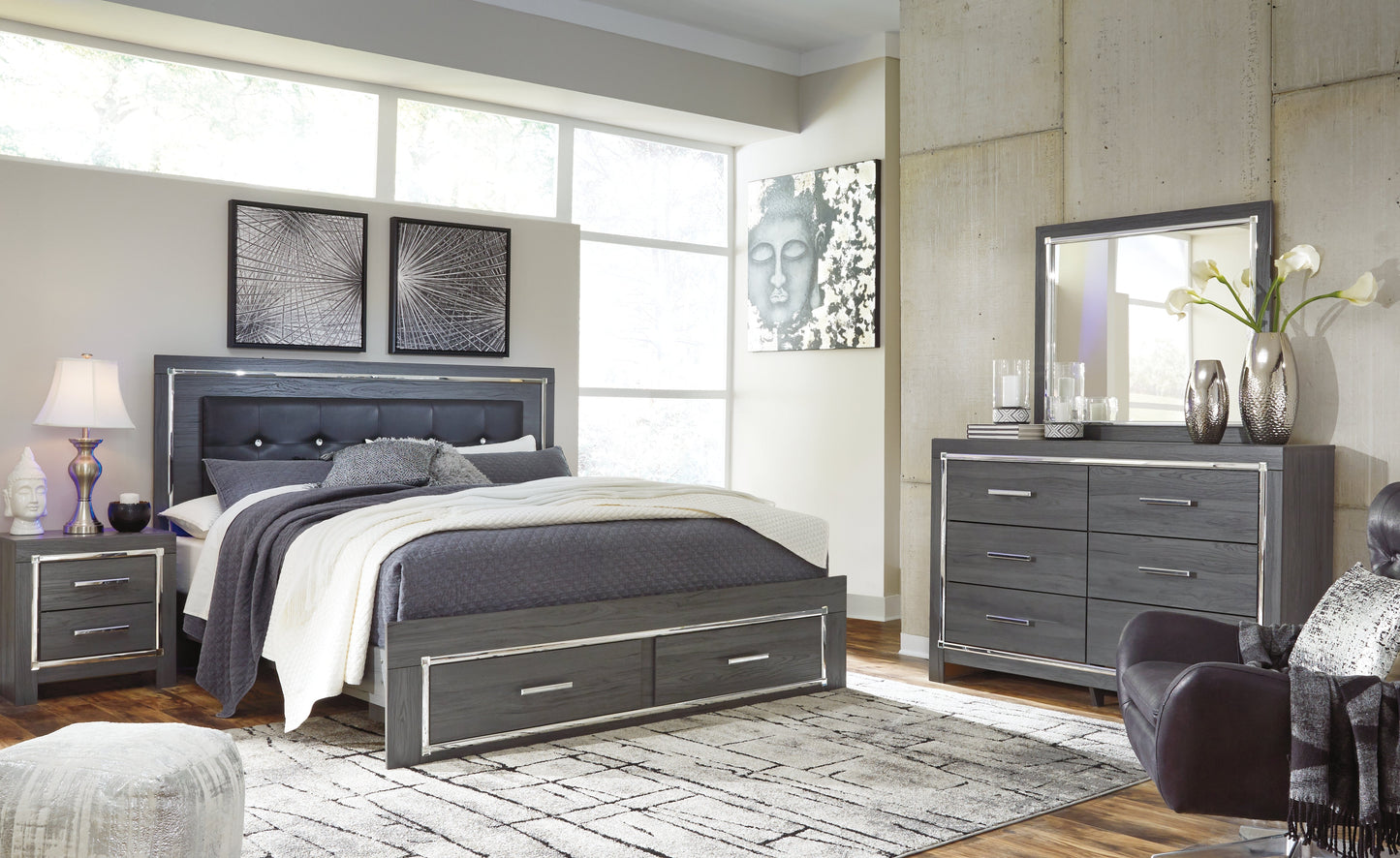 Lodanna Gray King Panel Storage Bedroom Set with Mirrored Dresser and Nightstand