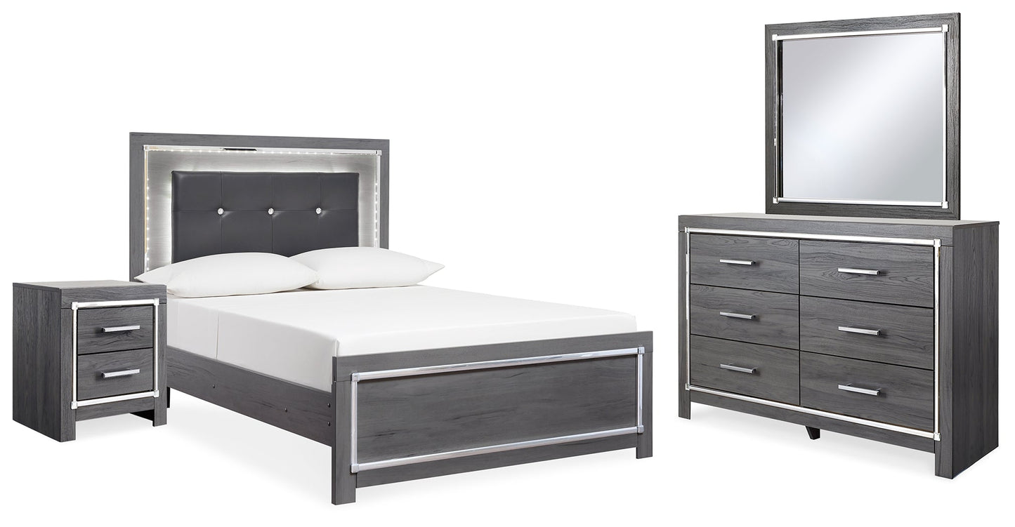 Lodanna Gray Full Upholstered Panel Bedroom Set with Dresser, Mirror, and Nightstand