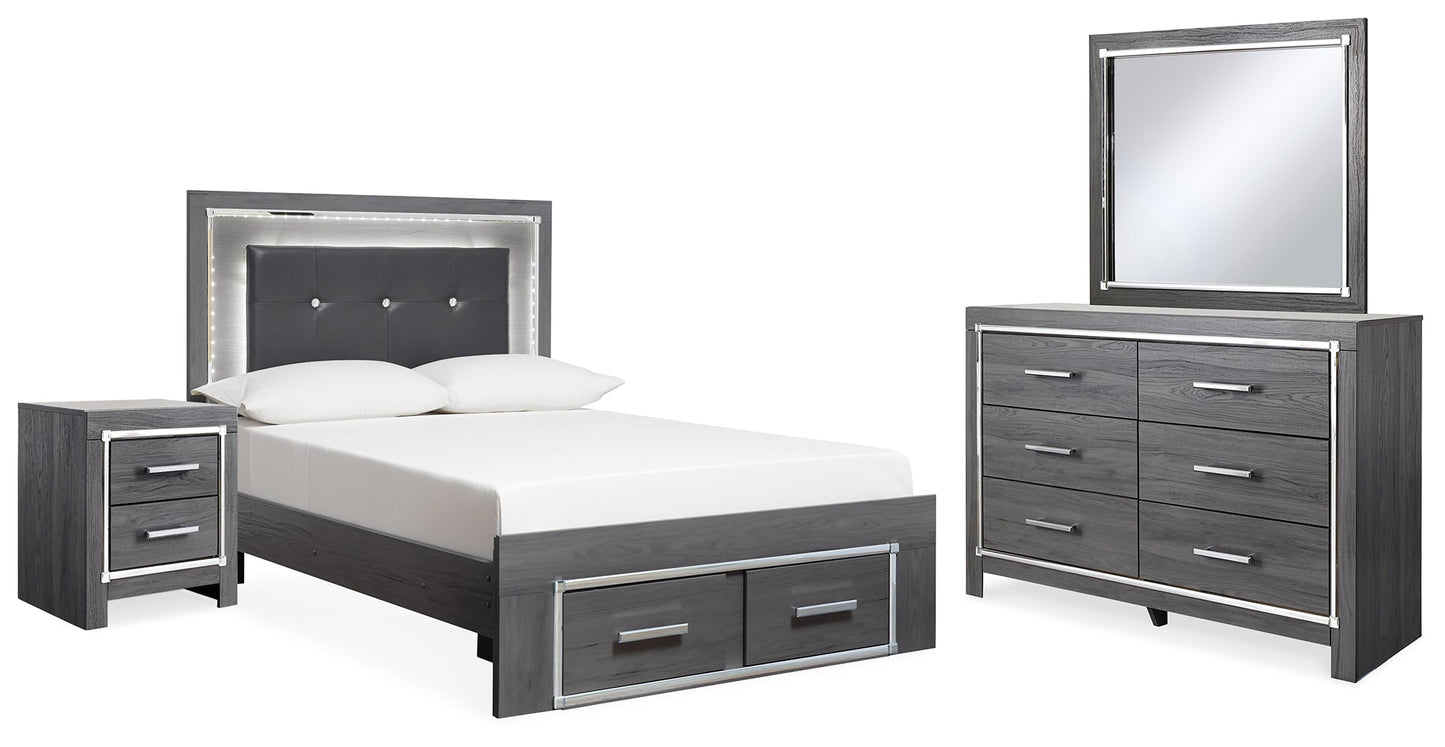 Lodanna Gray Full Upholstered Panel Storage Bedroom Set with Dresser, Mirror, and Nightstand